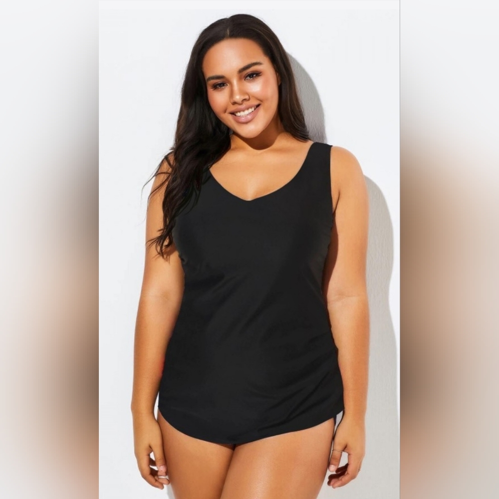 Black V-neck Sarong FrontOne Piece Swimsuit